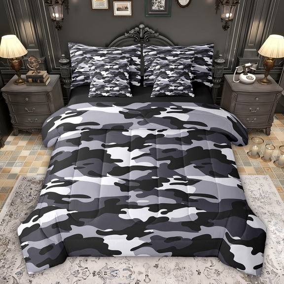 jejeloiu Wild Military Camo 7-Piece Twin Bedding Sets,White Black Gray Bedding Comforter Set For Kids Reversible