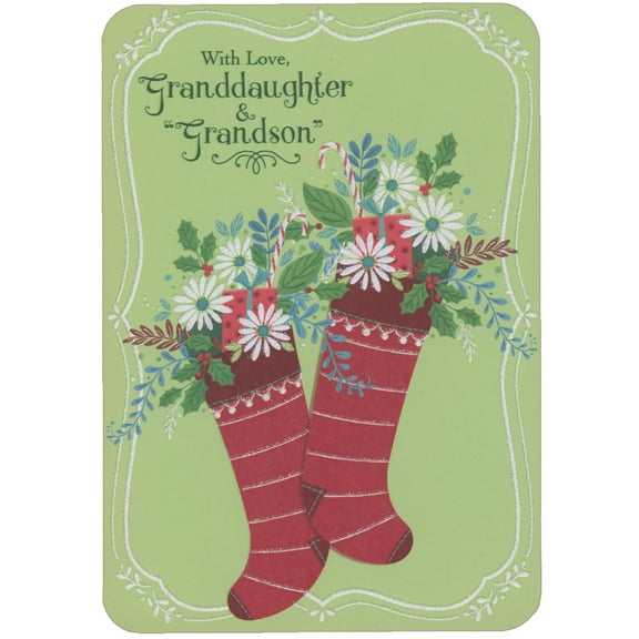 Designer Greetings Red Stockings, Daisies, Holly and Blue Vines on Light Green Christmas Card for Granddaughter