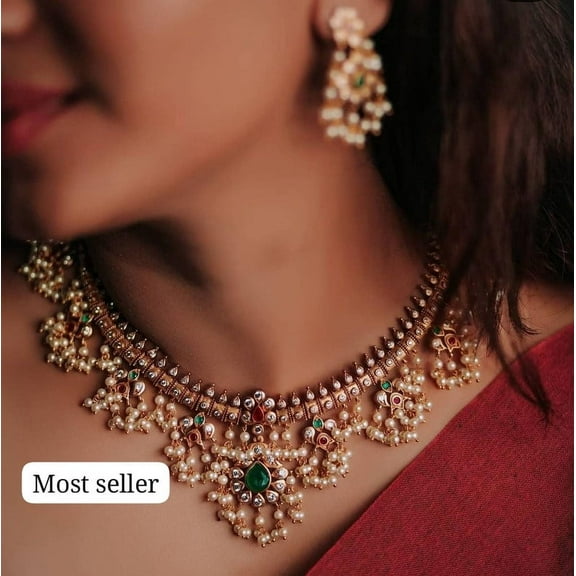 Gold Plated Pearl Choker Necklace Set with Kundan Stones - Bridal Wedding Jewelry for Women, Ruby Green & White Stone Indian Jewelry