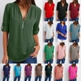 thumbnail image 2 of Ladies Loose Chiffon Shirt Multi Colors V-Neck Zipper Long-Sleeved Casual Basic Blouse Shirt Tops Plus Size, 2 of 8