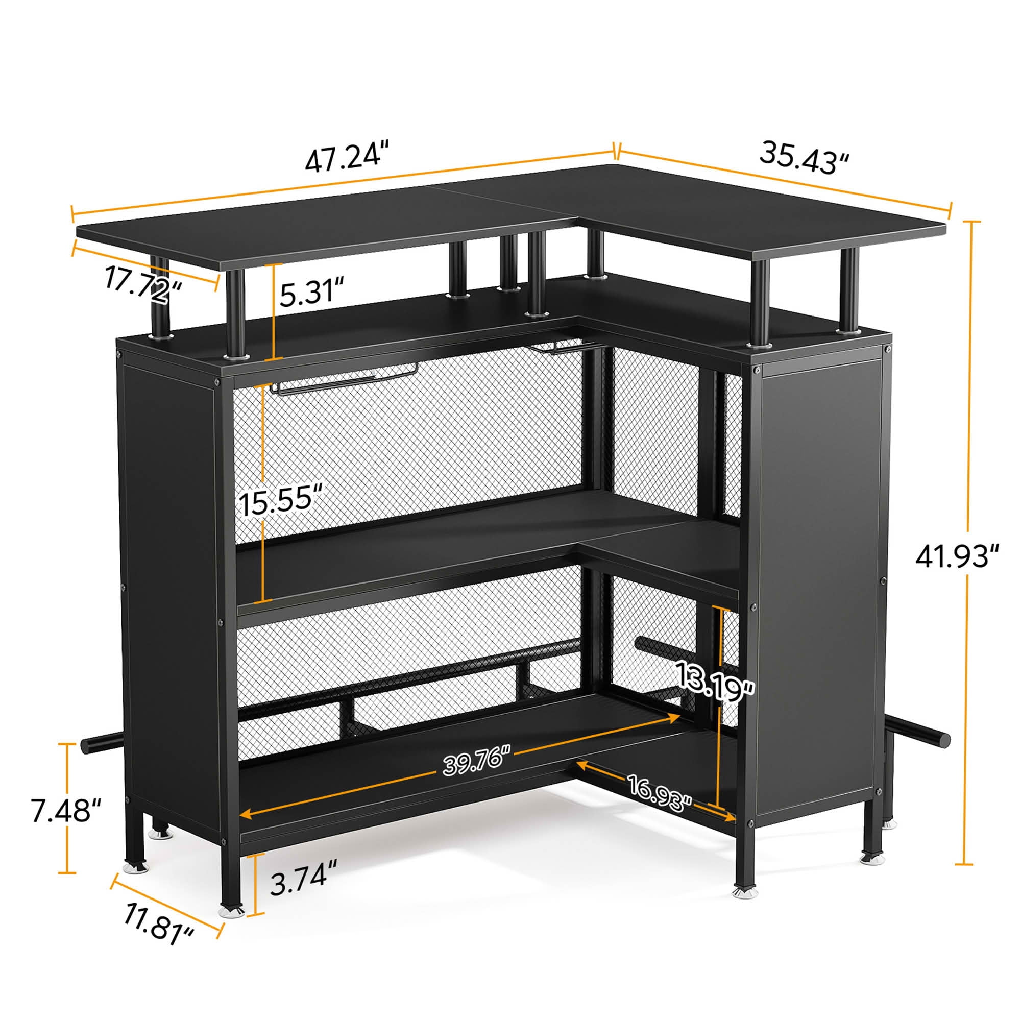 MAYEERTY L Shaped Home Bar Unit, Corner Liquor Bar Table with Glasses Holders and Storage Shelves for Home Entertaining