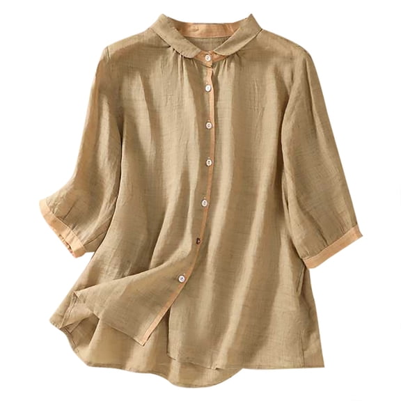 Jxximdong Button Up Shirts Women Women's 2024 Summer Thin Art Retro Loose Casual Solid Neck Shirt Top Gray Spring Tops L