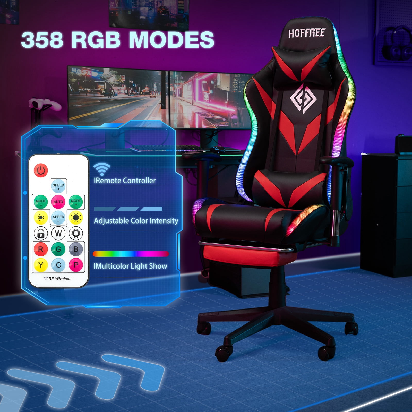 Hoffree Gaming Chair with Speakers Gamer Chair with Footrest and Massage Reclining Video Game Chair with Led Lights and Swivel Seat and Headrest and 2D Armrests for Adults