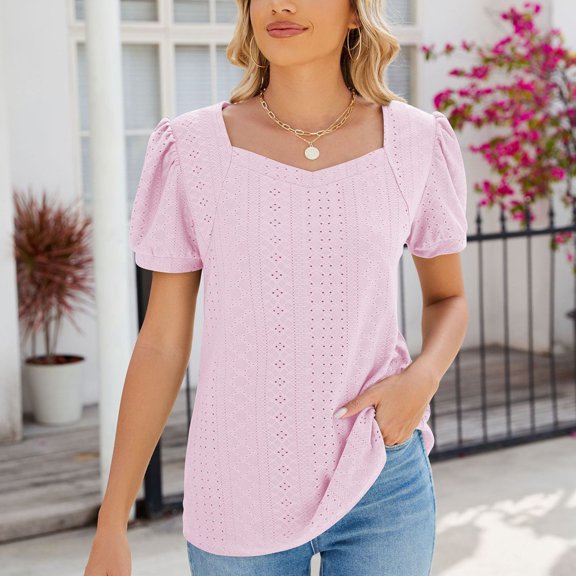 Njagoc3 Women's Crew Neck Puff Sleeve Short Sleeve Top,Pink,XXL