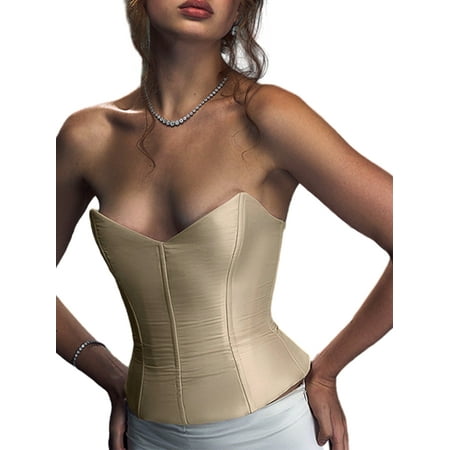 Women Elegant Slim Corset Tube Tops Solid Color Satin Low Cut Strapless Bustier Crop Tops Lingerie