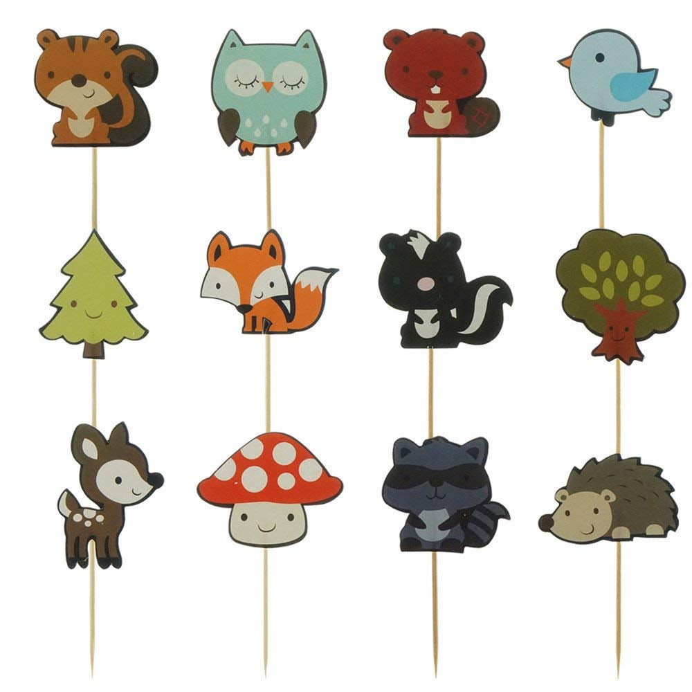Shxstore Woodland Creatures Theme Cupcake Toppers Forest Animals Friends Cake Toppers Picks for Birthday Wedding Party Decor 24 Counts 
