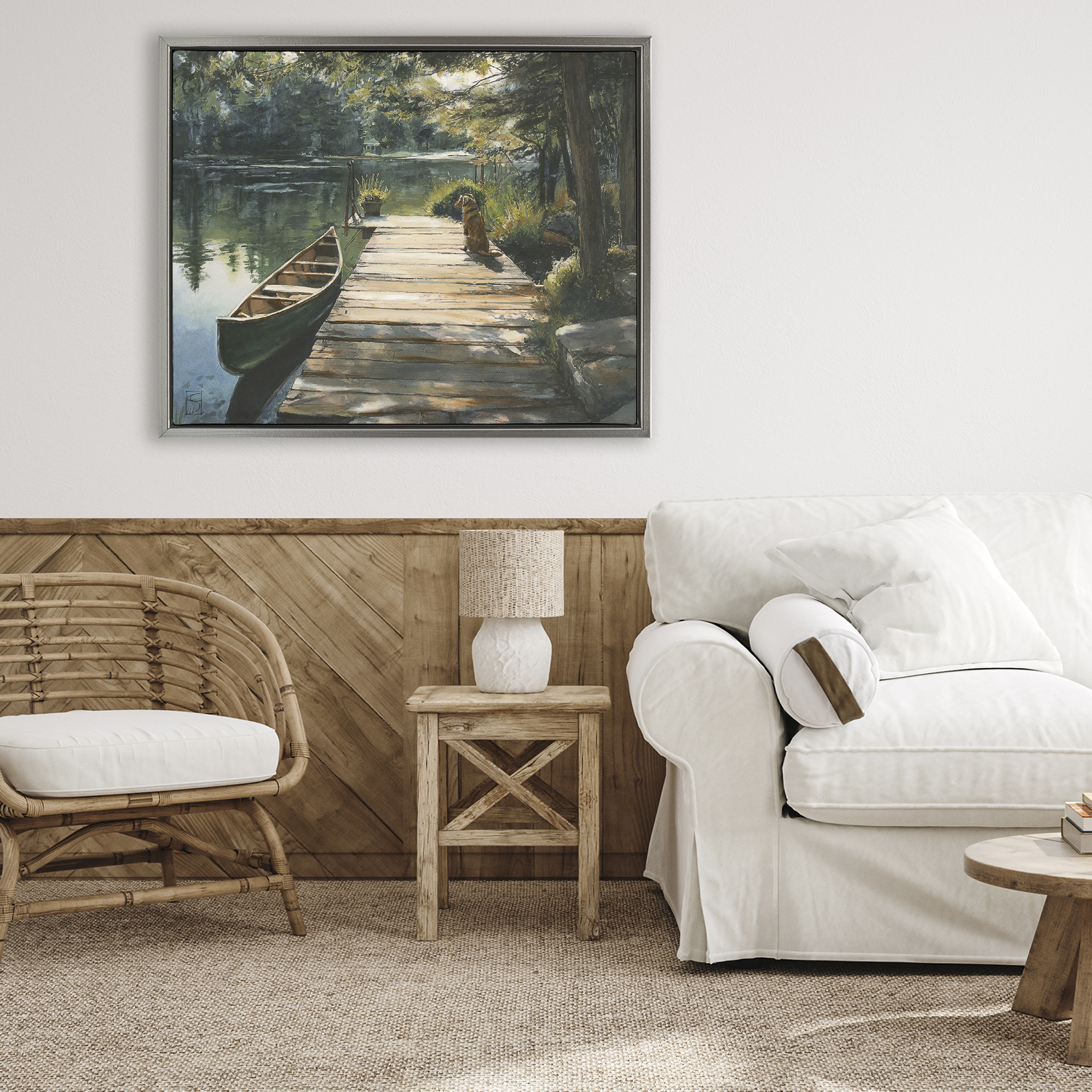 Lake Life Dog on Dock Gray Framed Floater Canvas Wall Art, design by Sara Culpepper