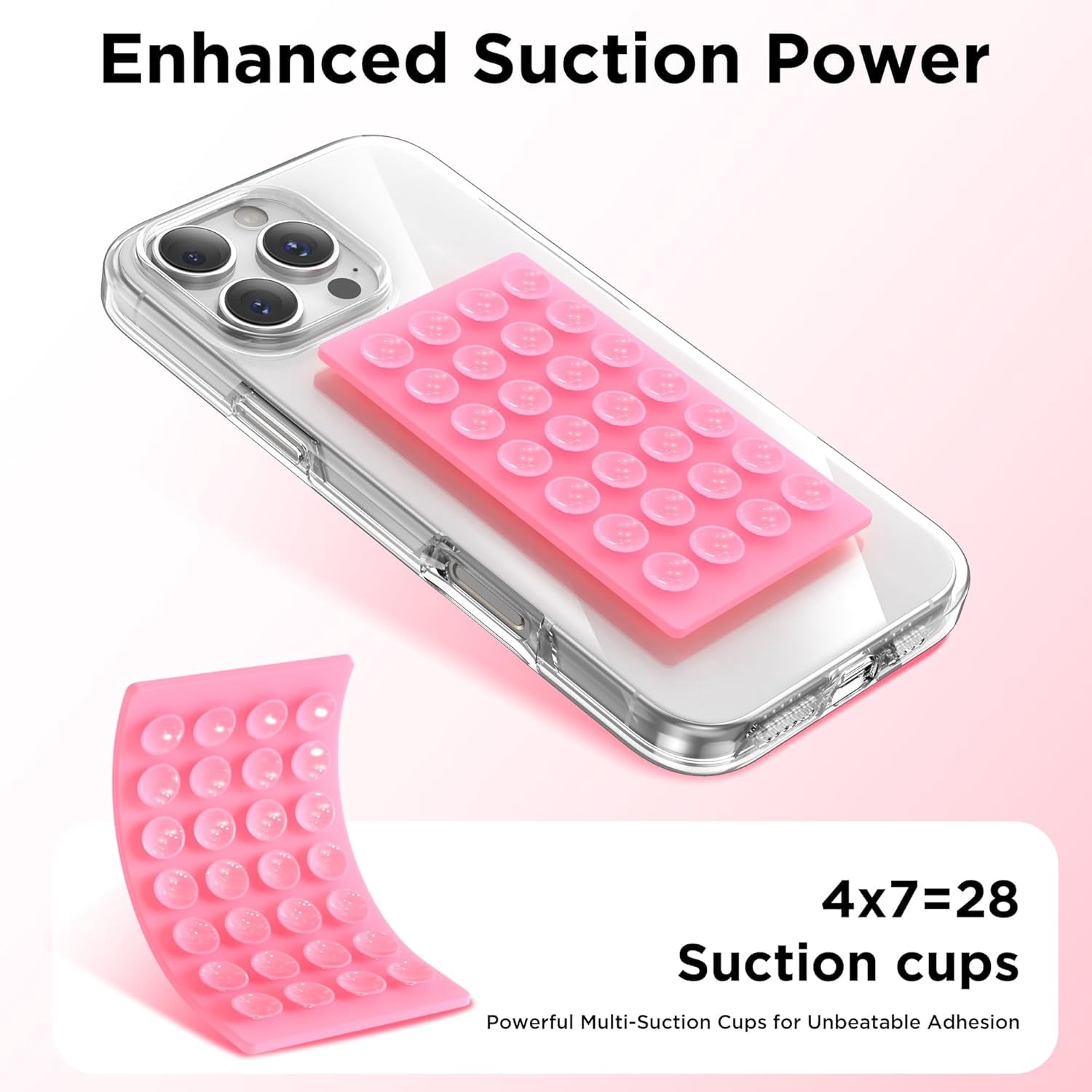MKEUDQ-2 Pack Silicone Suction Cup Phone Case Mount Double-Sided, Hands-Free Strong Grip Holder for iPhone and Android, Sticky Phone Stand for Selfies and Videos, Tender Pink+Transparent