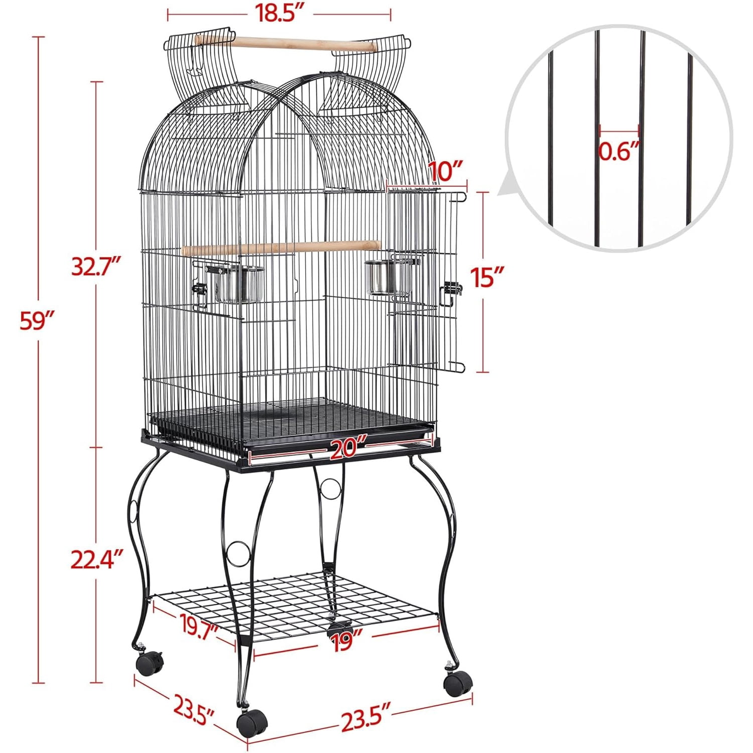59-Inch Rolling Standing Medium Dome Open Top Bird Cage for Parrots Cockatiels Sun Conures Parakeets Lovebirds Budgies Finches Canary Pet Bird Cage with Removable Stand