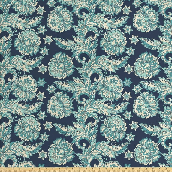Ethnic Fabric by the Yard, Blossoming Flowers Arrangement Inspirations from Oriental Folklore, Decorative Upholstery Fabric for Sofas and Home Accents, Pale Blue Dark Teal by Ambesonne
