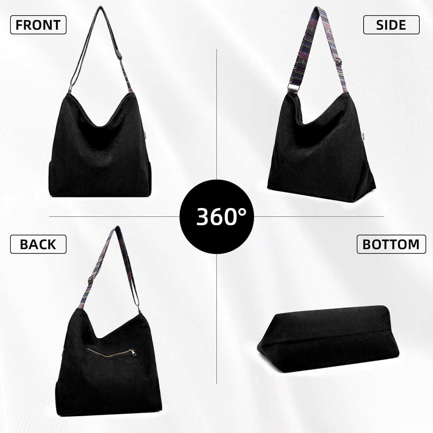 LinYooLi Corduroy Tote Bag Hobo Bags for Women Large Crossbody Bag Boho Shoulder Handbag Guitar Strap Purse