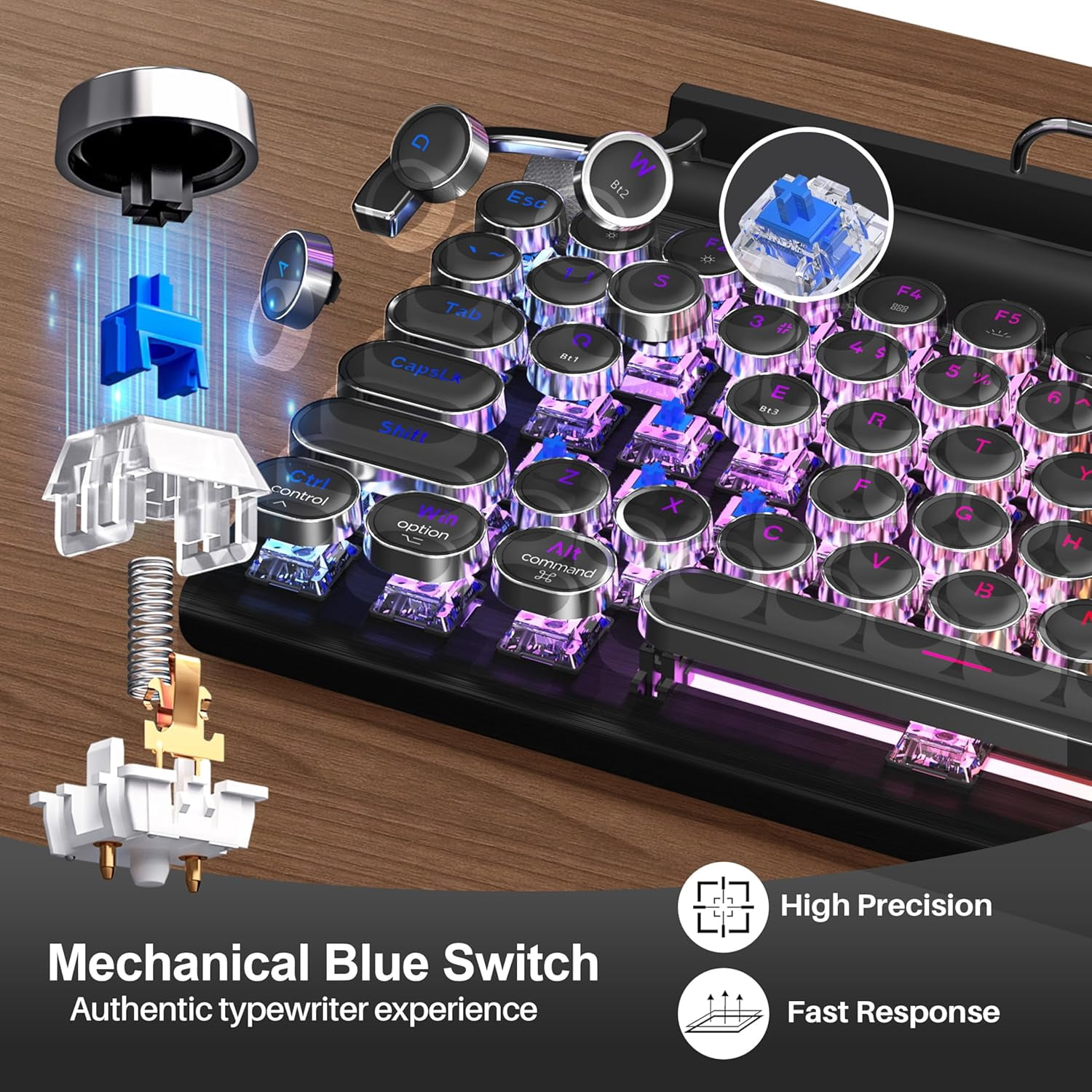 Retro Typewriter Wireless Mechanical Gaming Keyboard, Bluetooth 5.0 Office Computer Vintage Keyboards 83-Key Blue Switches Punk Round Keycap, LED Backlight, Compatible with PC/Laptop/Pad/Phone, White