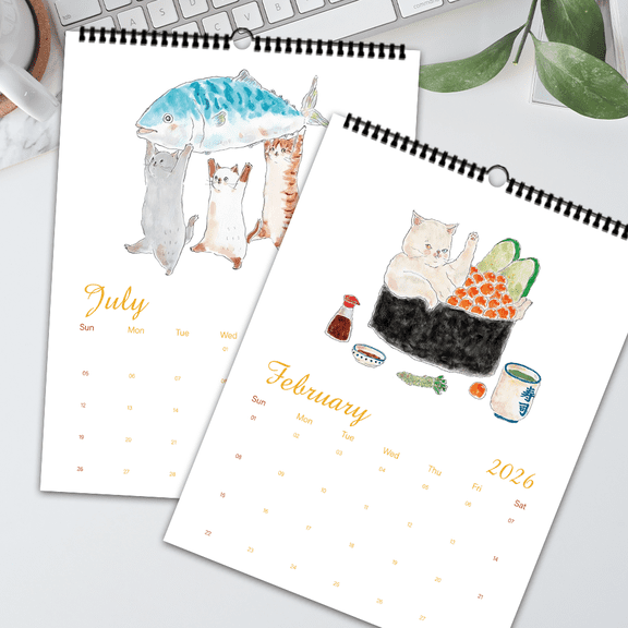 1pc 2026 Wall Calendar, Cute Japanese Cat Design, Sushi Cats, 12 Months Monthly Plan, Perfect Gift for Birthdays & Holidays