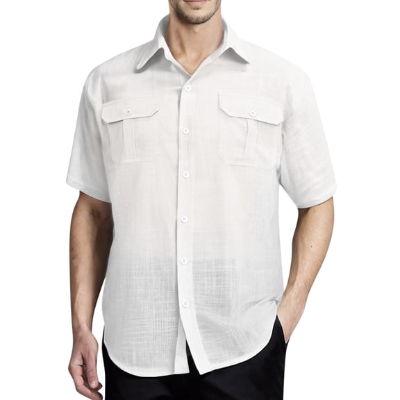 Eltusu Men's Casual Button Down Shirts, Summer Stretch Lapel Collar Cotton Short Sleeve Shirts White Size 3XL