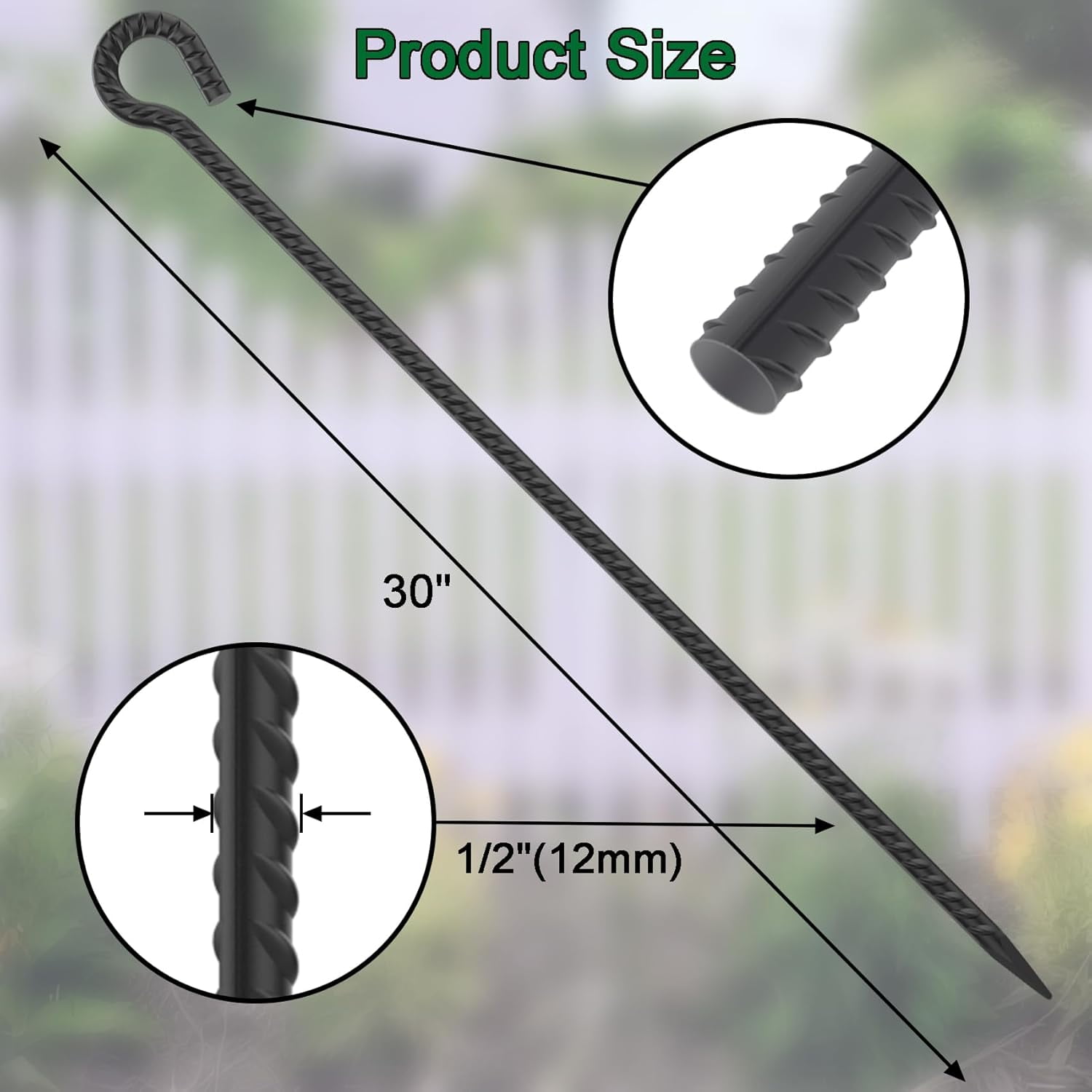 Heavy Duty 30 Inch Rebar Stakes 6 Pack - Black Steel Tent Anchors with  for Camping, Garden, and Yard
