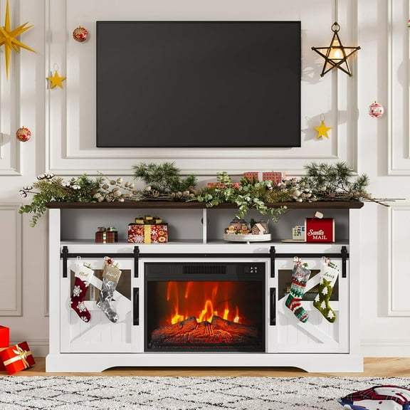 Farmhouse Electric Fireplace TV Stand Entertainment Center for Living Room, White