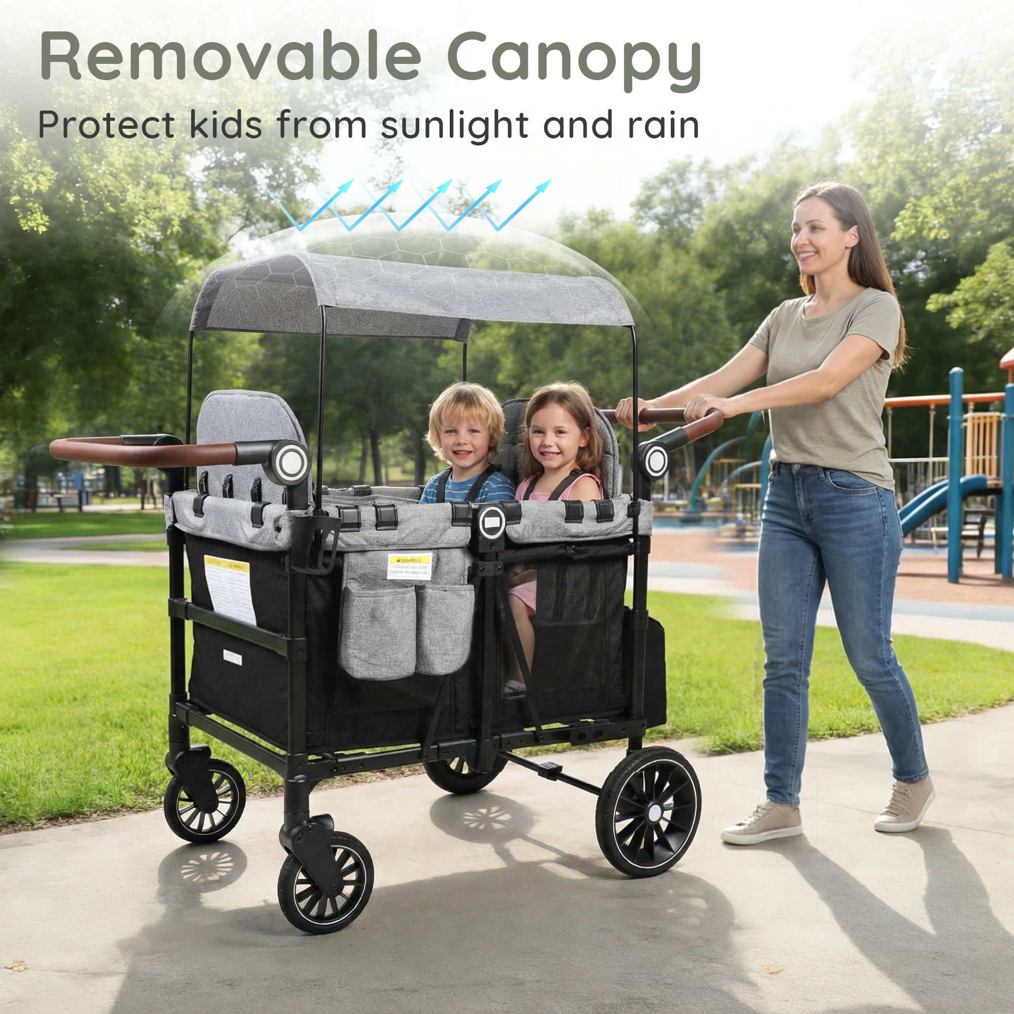 LINLUX Wagon Stroller for 4 Kids, Stroller Wagon 4 Seats w/Adjustable Handle, Detachable Tray, Black & Gray
