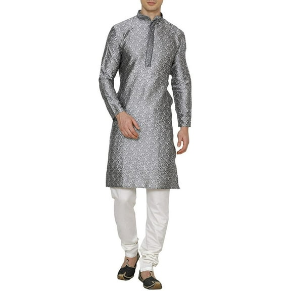 Royal Men's Grey Jacqaurd Neck Embroidered Kurta Pyjama
