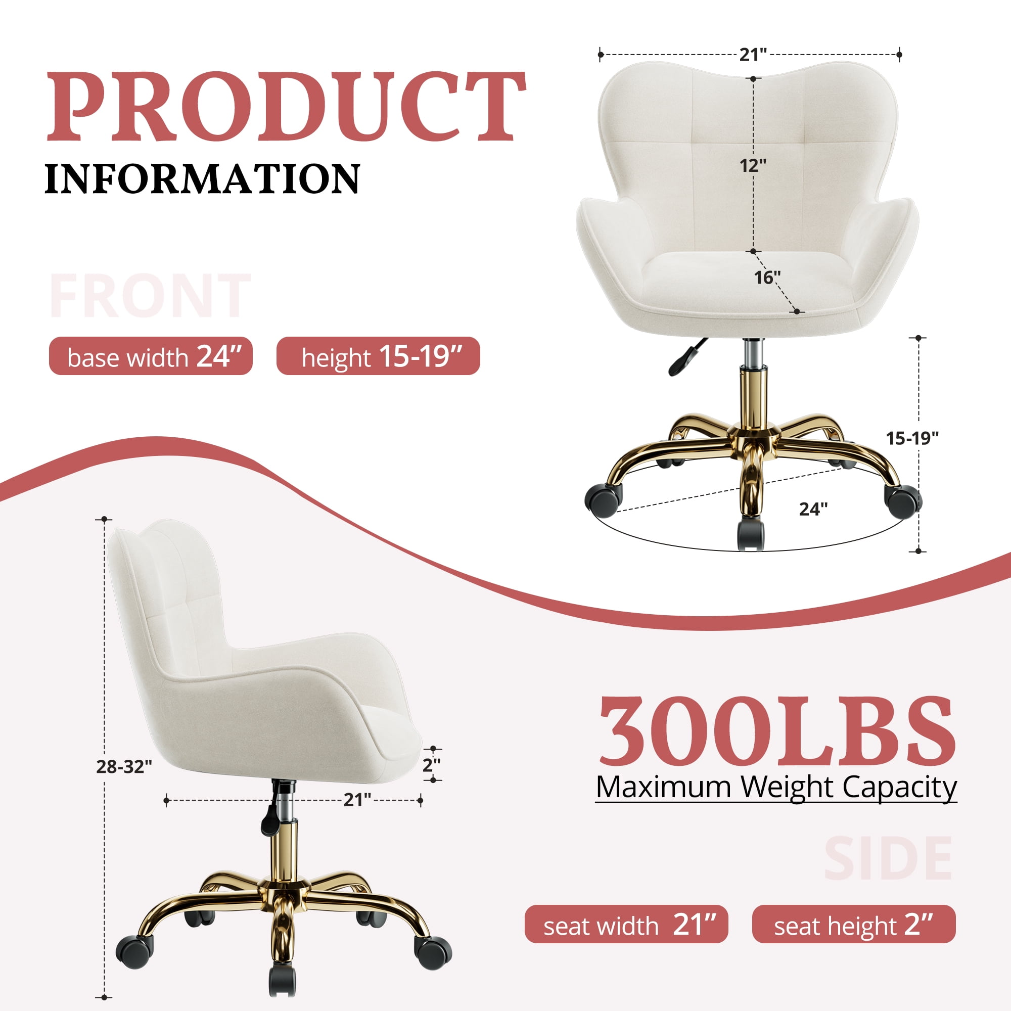 Primy Vanity Chair with Wheels, Home Office Chair Cute Makeup Desk Chairs Adjustable Height for Bedroom, Modern Accent Chair with Back