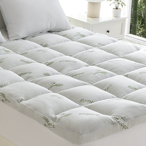 Sleep Zone Bamboo Mattress Topper Queen Size with Deep Pockets, Soft Breathable Mattress Pad for Back Pain Relief, White