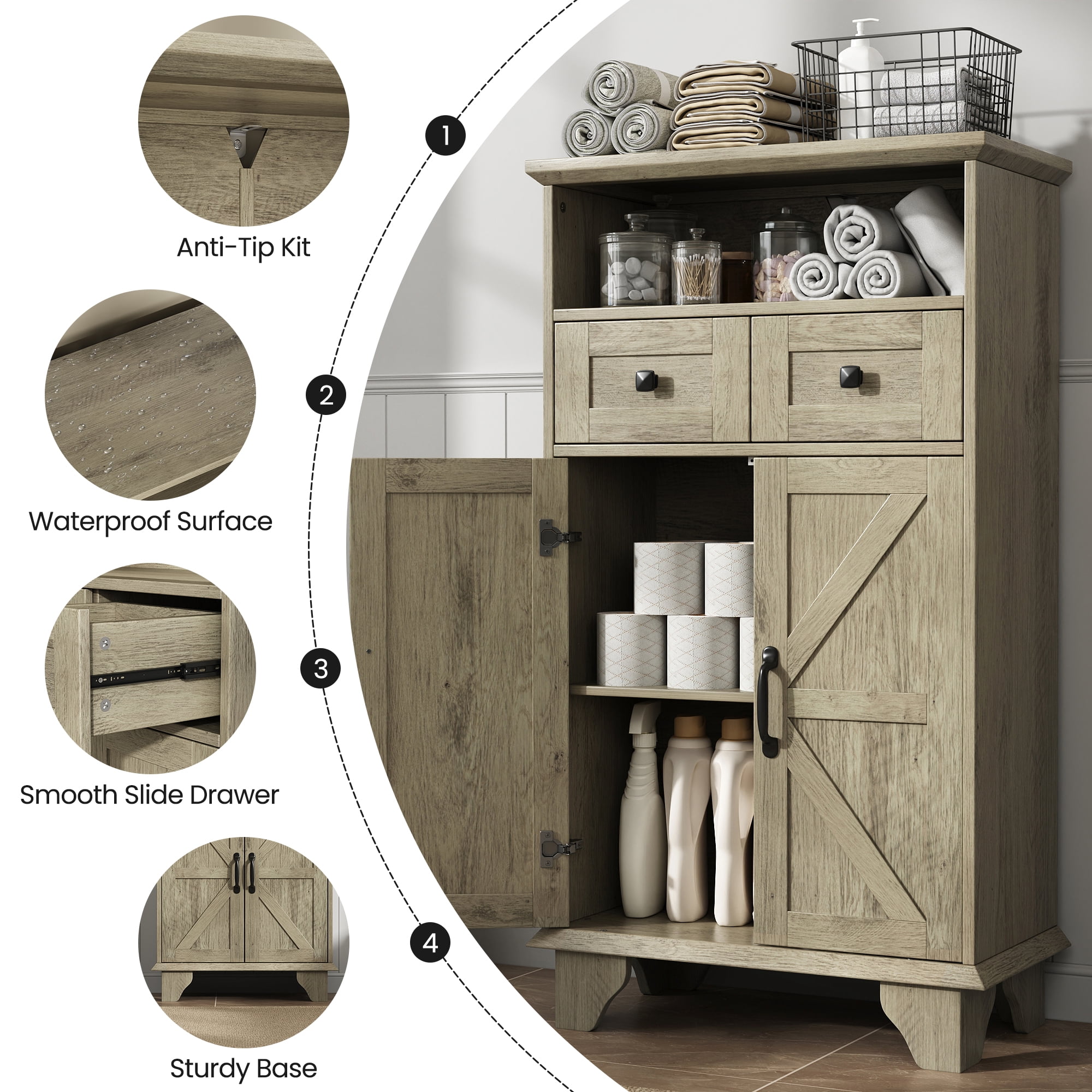 Bathroom Storage Cabinet with Doors and Drawers,Farmhouse Bathroom Floor Cabinet freestanding with Adjustable Shelf,41.3"H Bathroom Organizer,Wood Grain