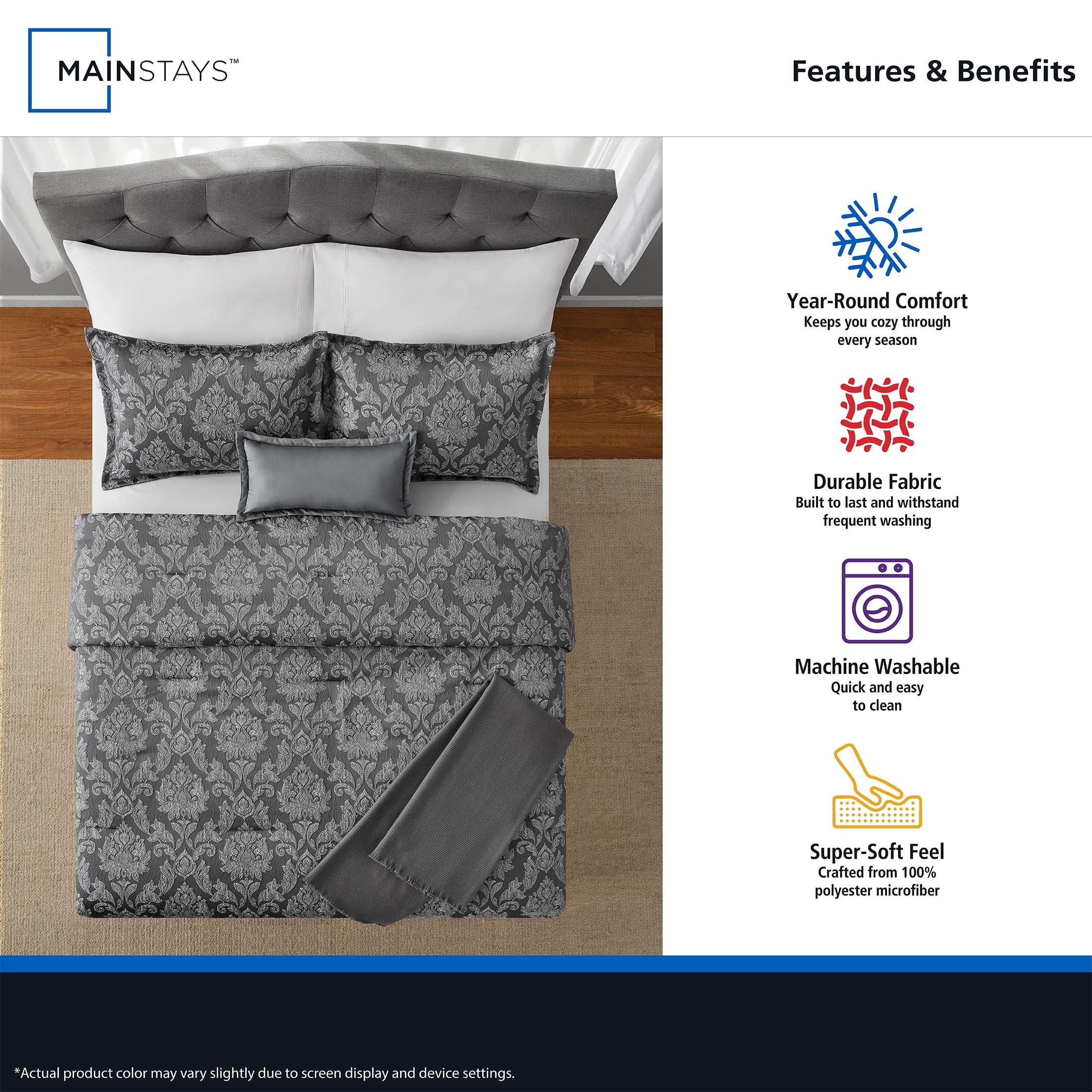 Mainstays Damask 4-Piece Grey Jacquard Comforter Set, Twin/Twin XL