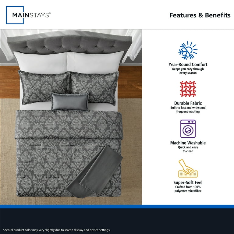 Mainstays Damask 4-Piece Grey Jacquard Comforter Set, Twin/Twin XL