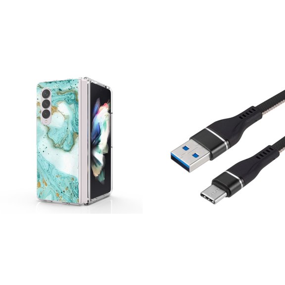 Accessory Bundle for Galaxy Z Fold 4: Slim Snap-On Case (Aqua Green Marble), Nylon Braided USB-C to USB-A Cable (3 Feet)