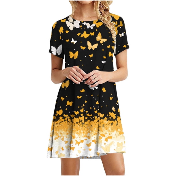 Vestido de Manga Corta para las Mujeres Casual Impreso Cuello Redondo, Vestido de las Señoras para la Primavera Y el Verano de Uso Diario