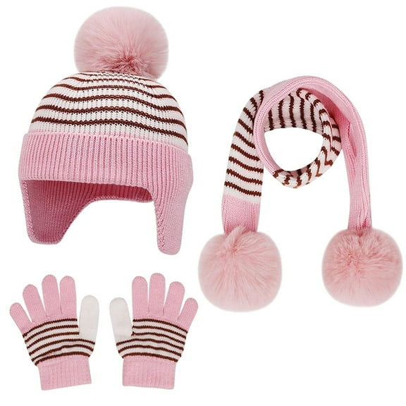 Cethrio Kids Girls Hats, Gloves and Scarves Sets, Thermal Winter Knitted Beanies & Mittens & Scarves Sets Pink Size 1-5T