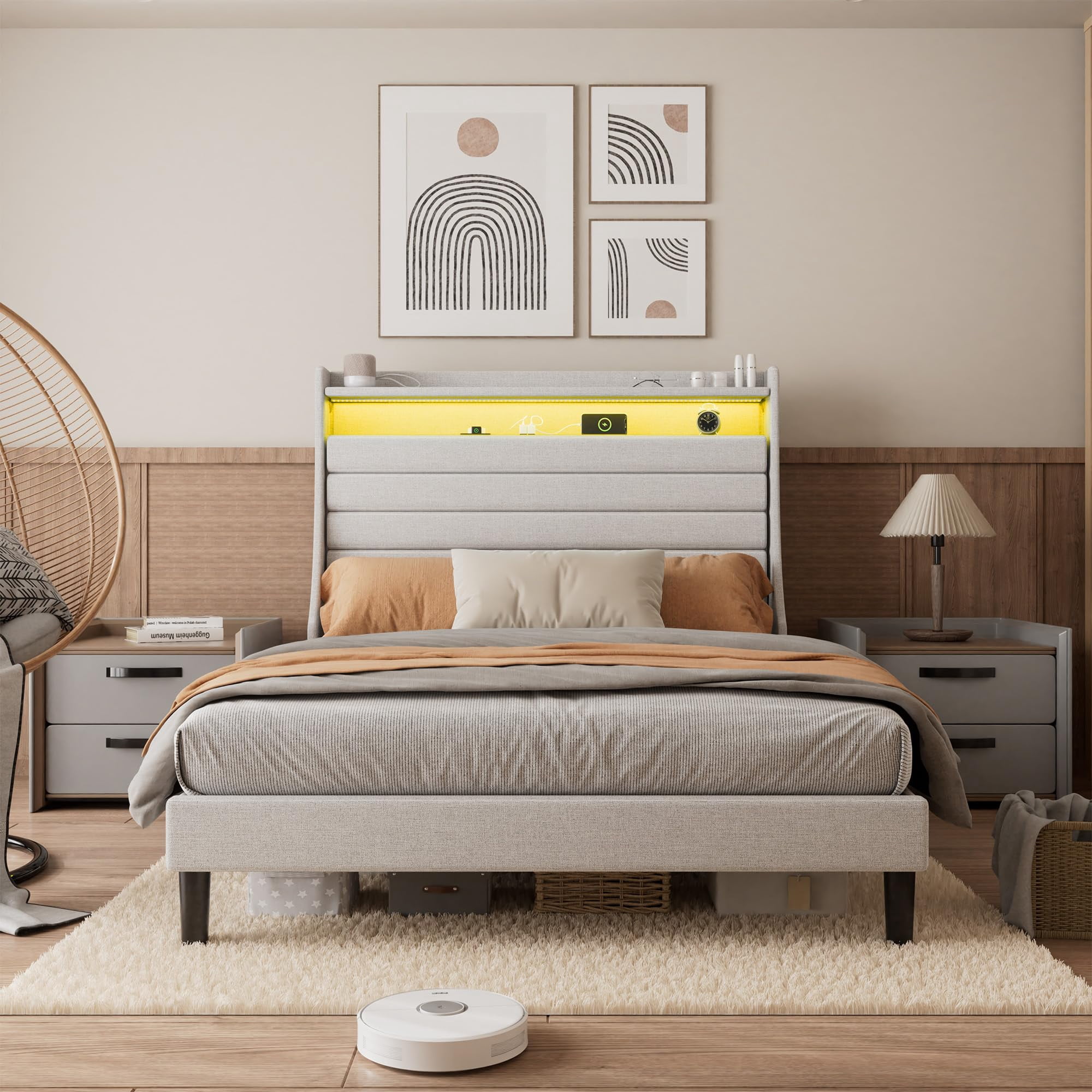 Towallmark Queen Size Bed Frame with LED Light & Power Outlet Upholstered Headboard,Bed Platform with Charging Station and 2-Tier Storage,Easy Assembly Wooden Slat Support,Beige