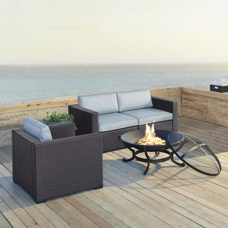 Biscayne 3 Person Outdoor Wicker Seating Set In Mist - Two Corner Chairs, One Arm Chair, Ashland Firepit