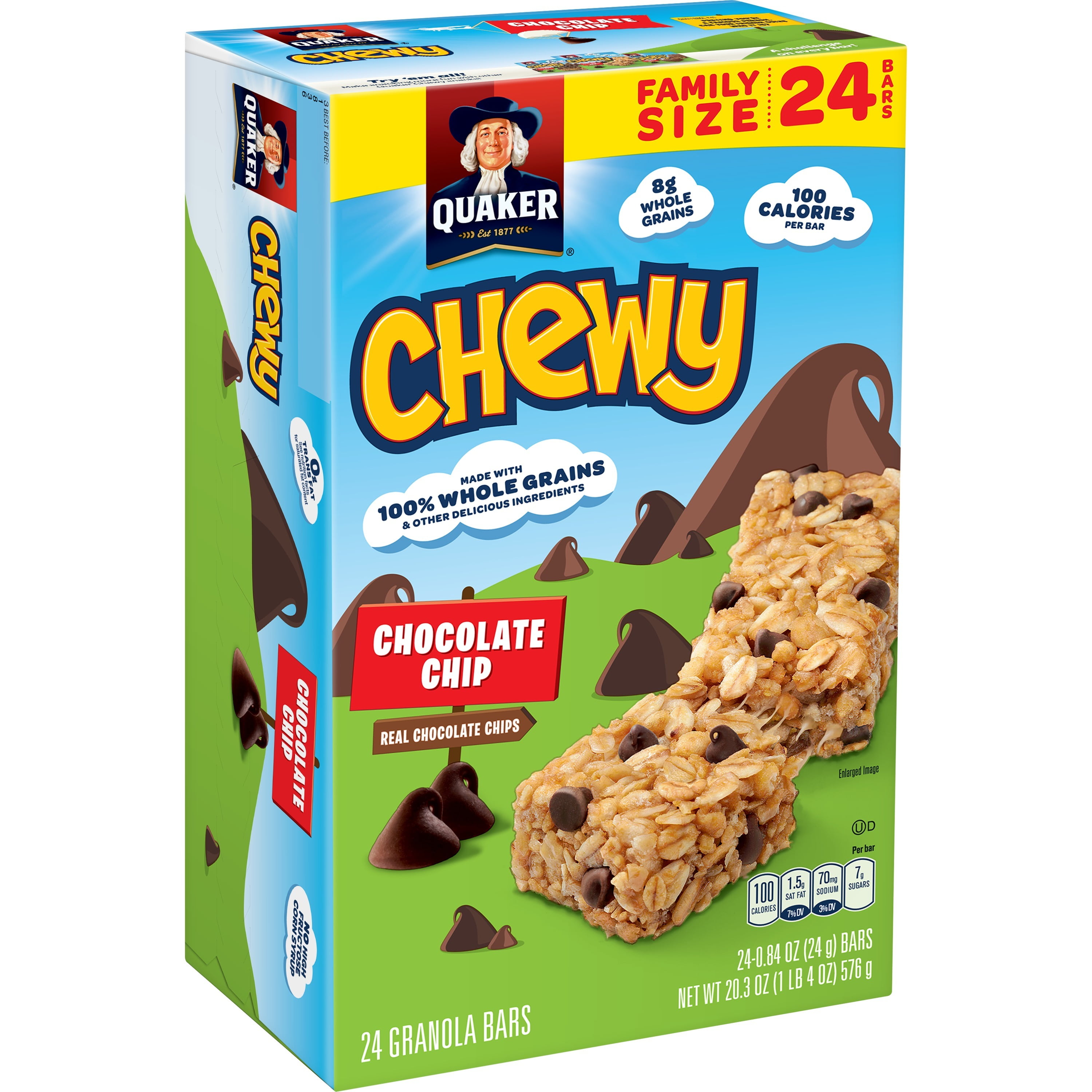 Quaker Chewy Granola Bars, Chocolate Chip, 0.84 oz Bars, 24 Count
