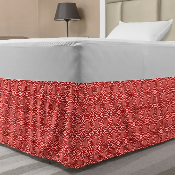Abstract Bed Skirt, Rhythmic Contemporary Spiraling Dots Flowers Bicolored Illustration Print, Elastic Bedskirt Dust Ruffle Wrap Around for Bedding Decor, 4 Sizes, Vermilion and White, by Ambesonne