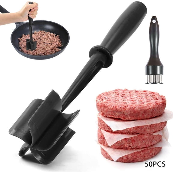Meat Masher & Meat Tenderizer with 50 Burger Patty Paper Start Makers 3pcs Kitchen Appliances for Ground Beef, Burgers, Meal Prep, Jam Making