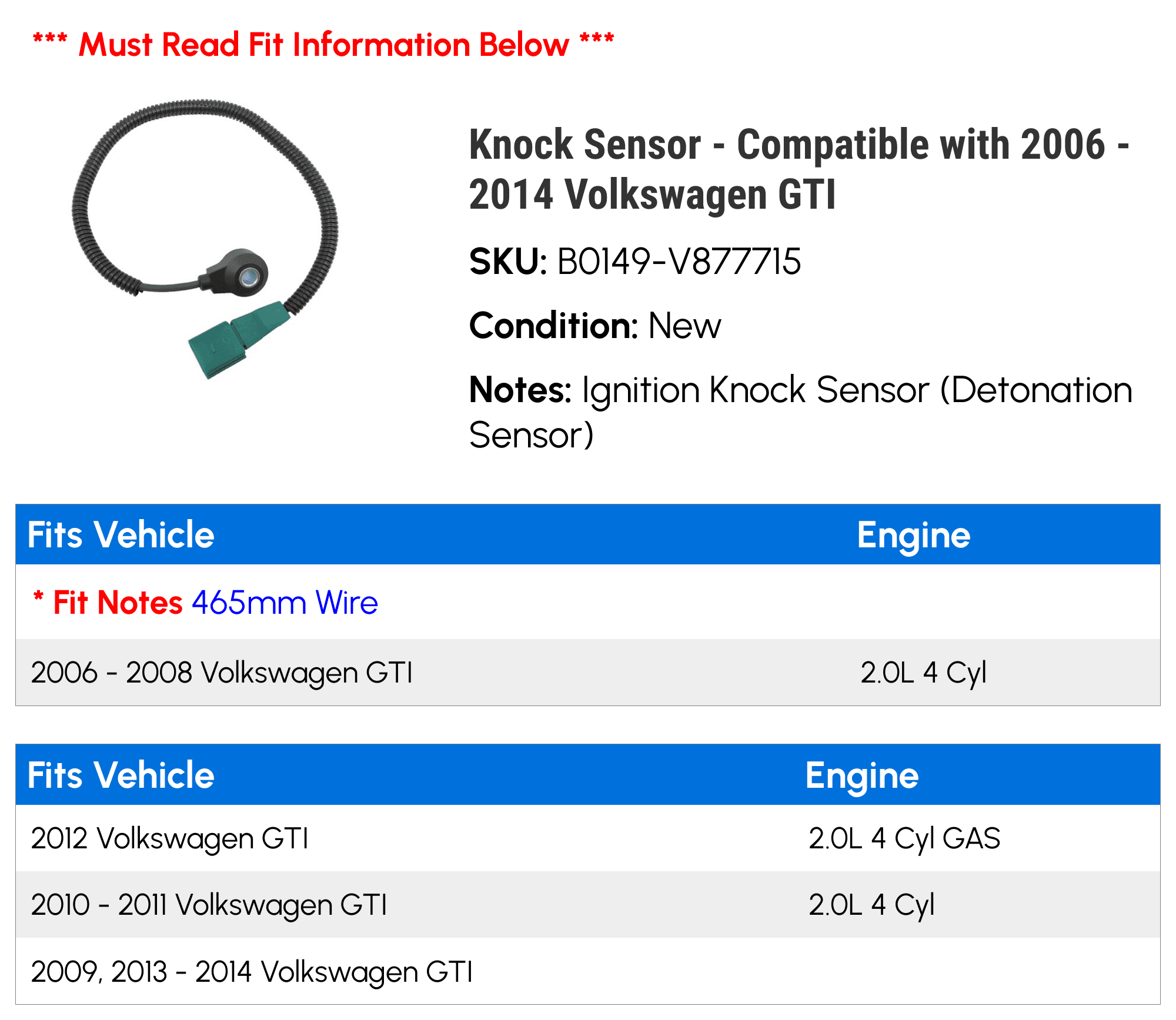 Knock Sensor - Compatible with 2006 - 2014 Volkswagen GTI 2007 2008 2009 2010 2011 2012 2013