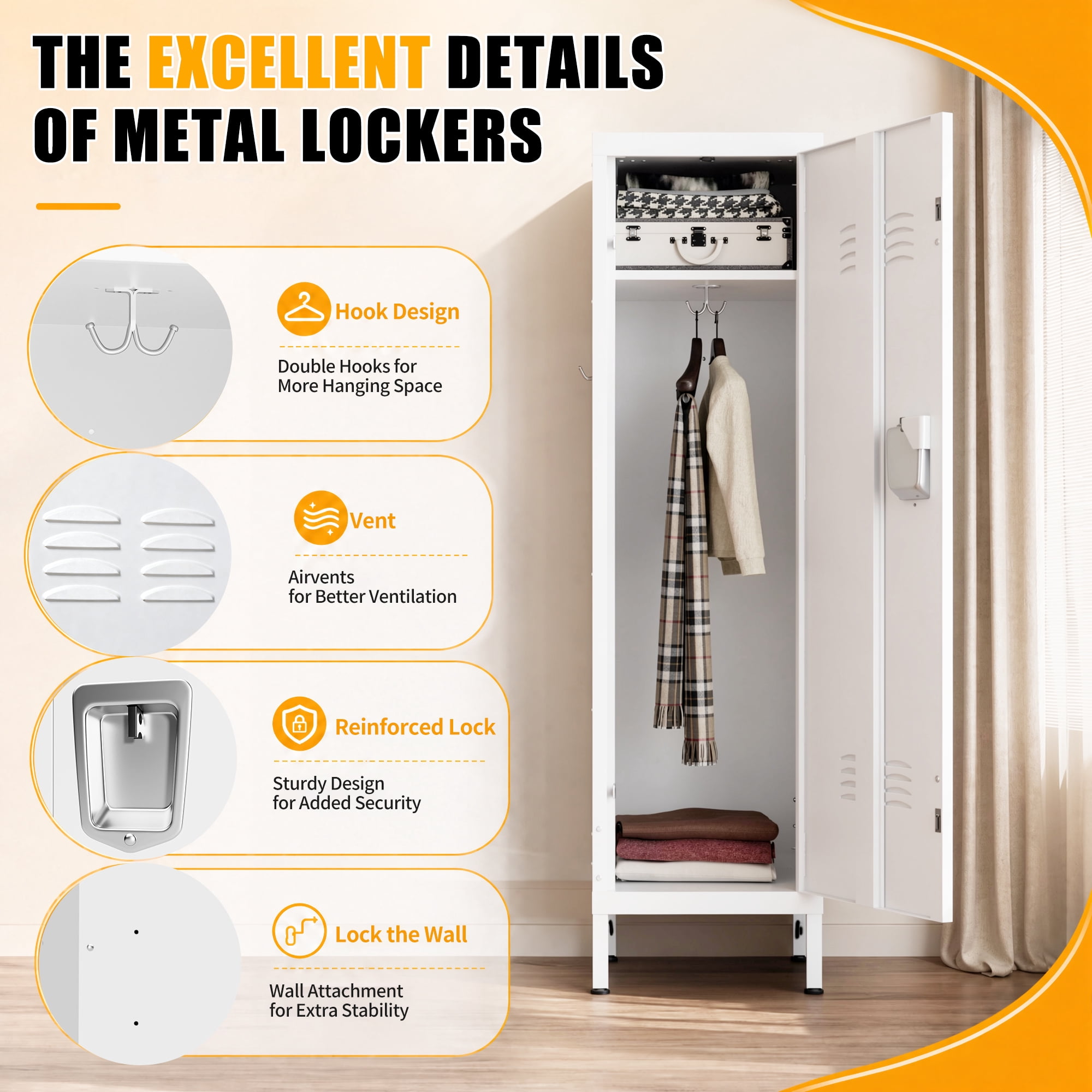 HOQBN 55" Tall Metal Wardrobe Cabinet,Waterproof Steel Clothing Storage Locker with Ventilated Door,Lock & Side Hooks,Vertical Bedroom Wardrobe for Small Apartment Home Office,White