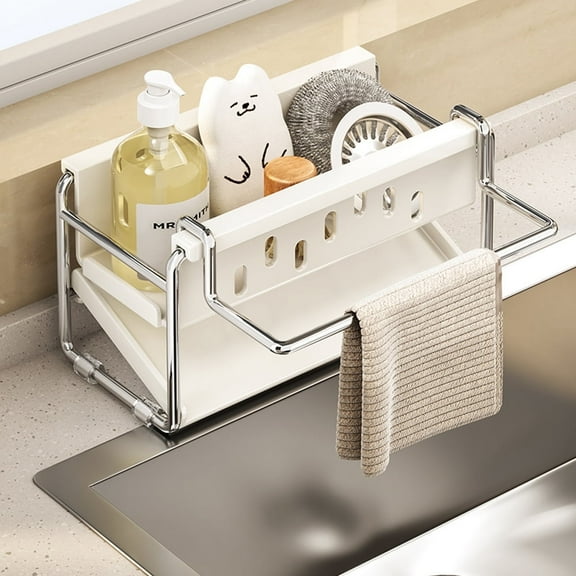Sponge Holder for Kitchen Sink, Sink Caddy Organizer , Kitchen Countertop Organizers and Storage Essentials, Rustproof 304 Stainless Steel, Soap Dispenser Organize White