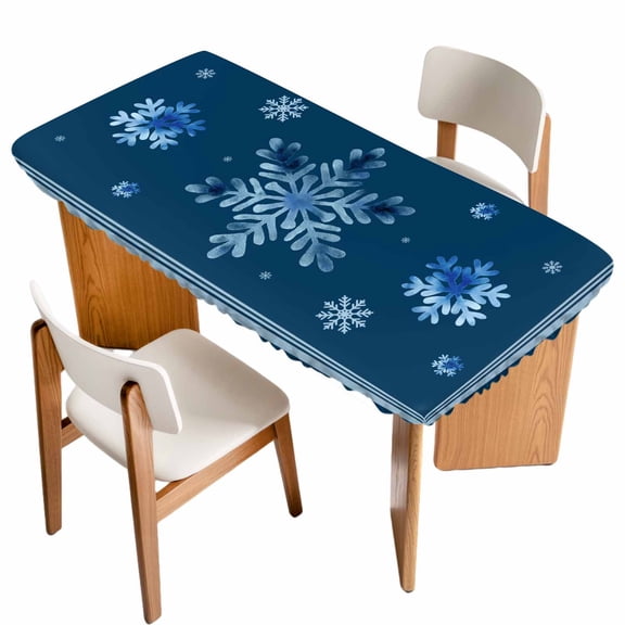 Navy Blue Snowflake Table Cloths for 5 Foot Rectangle Tables, Christmas Winter Vintage Stripes Patio Waterproof Elastic Fitted Tablecloths, Washable Rectangular Table Cover for Camping