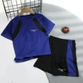 thumbnail image 2 of Jinhomg Summer Athletic Outfits Kids Breathable Comfy Short Sleeve T-Shirts with Elastic Waist Shorts 2 Piece Quick Dry Sportswear for Running Basketball Dark Blue 5 Years, 2 of 4