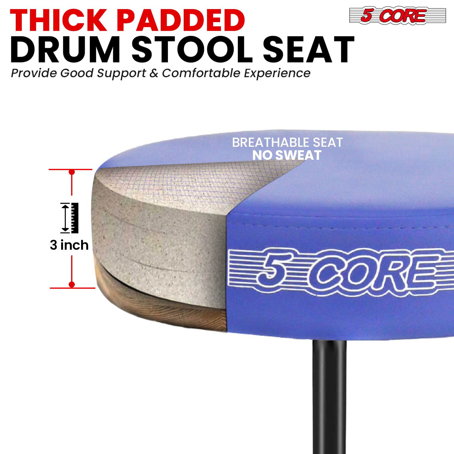 Adjustable Drum Throne Stool with 3" Thick Seat - 17" to 24" Height, 330 lbs Capacity, PU Leather & Iron Frame, Non-Slip Base for Drums/Guitar