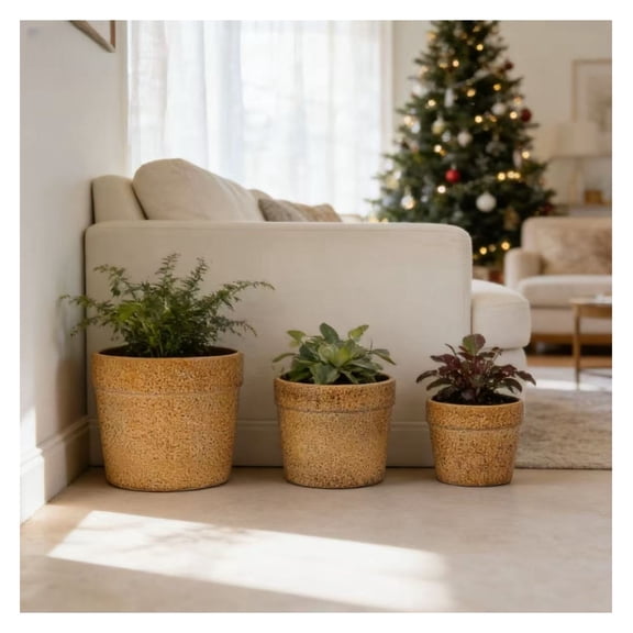 Handmade Ceramic Planter Set of 3, 15/12/9 Inch Diameter, Earth-Tone Speckled Glaze, for Orchids & Indoor Plants, Windowsill & Bookshelf Use, Breathable Clay