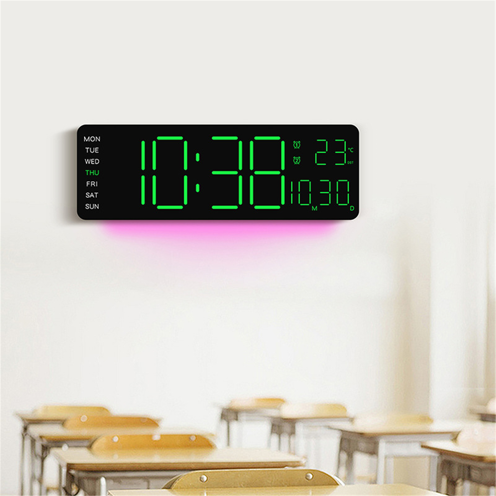 Contemporary Wall Mounted Digital Clock Automatic Brightness Control Show 12/24Hour Time Temperature Calendar Decors