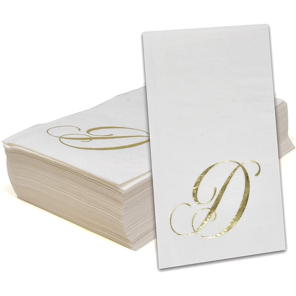Gift Boutique Monogram Guest Napkins Letter D, 100 Count 2-Ply Disposable Paper Napkins, Gold Foil White Decorative Hand Towels for Wedding Party Bathroom