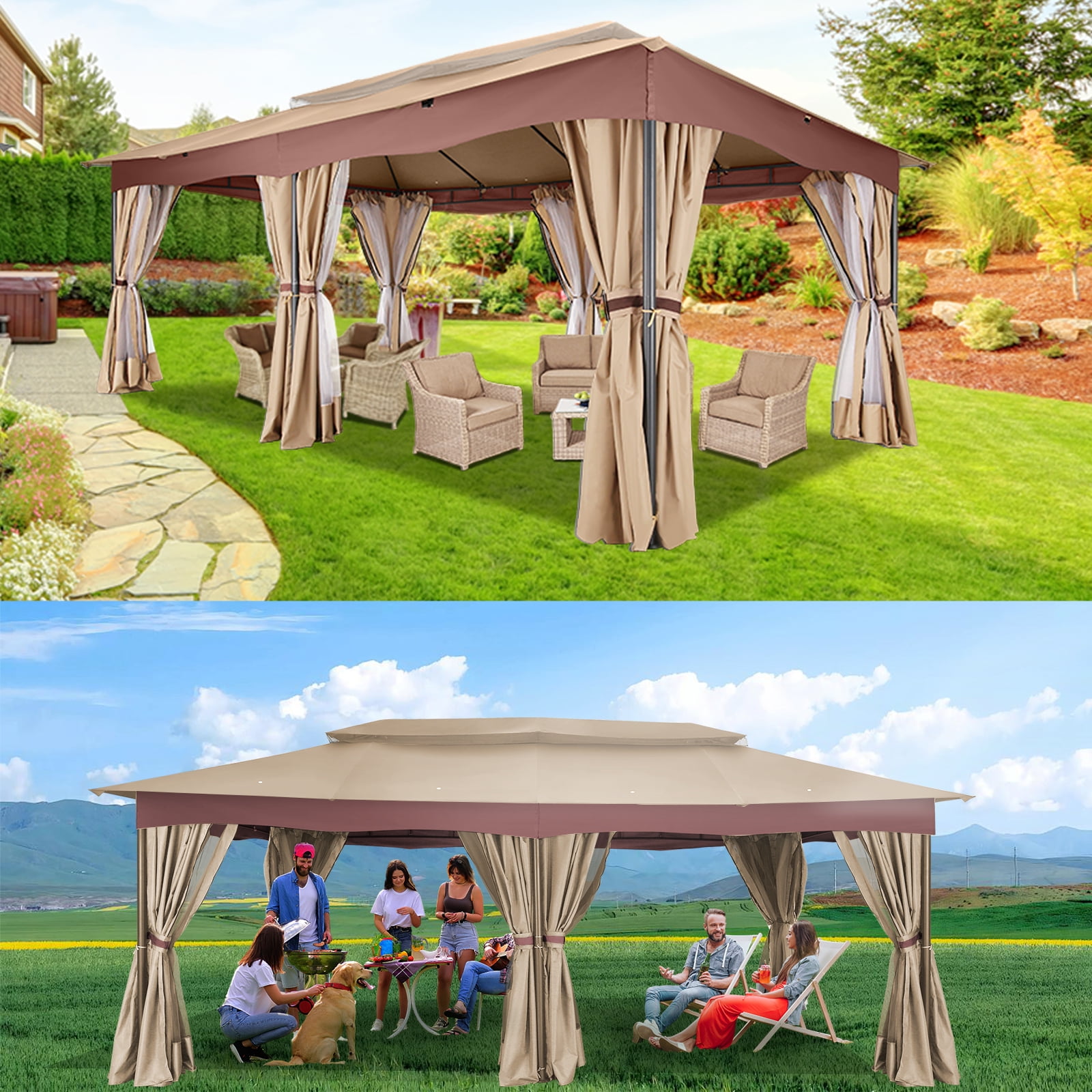 SANOPY 12x20ft Heavy Duty Gazebo with Metal Steel Frame Sturdy Tent with Privacy Curtain and Mosquito Netting Outdoor Gazebo for Garden, Lawn, Backyard, Garage,Khaki