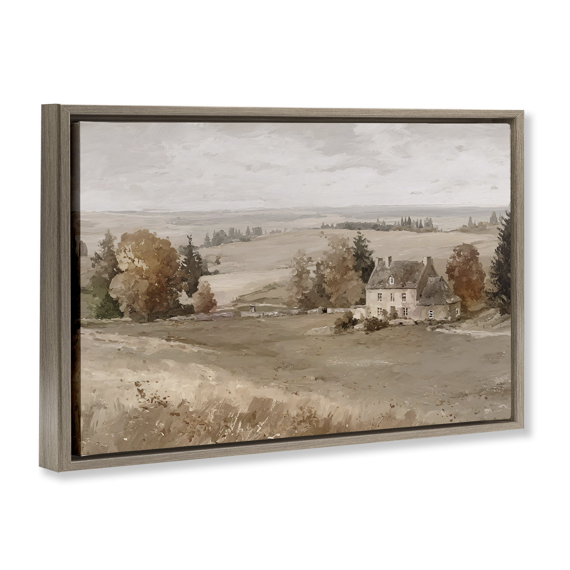 Stupell Industries Quaint Cottage in Countryside Brown Framed Floater Canvas Wall Art, design by Jacky Ngan