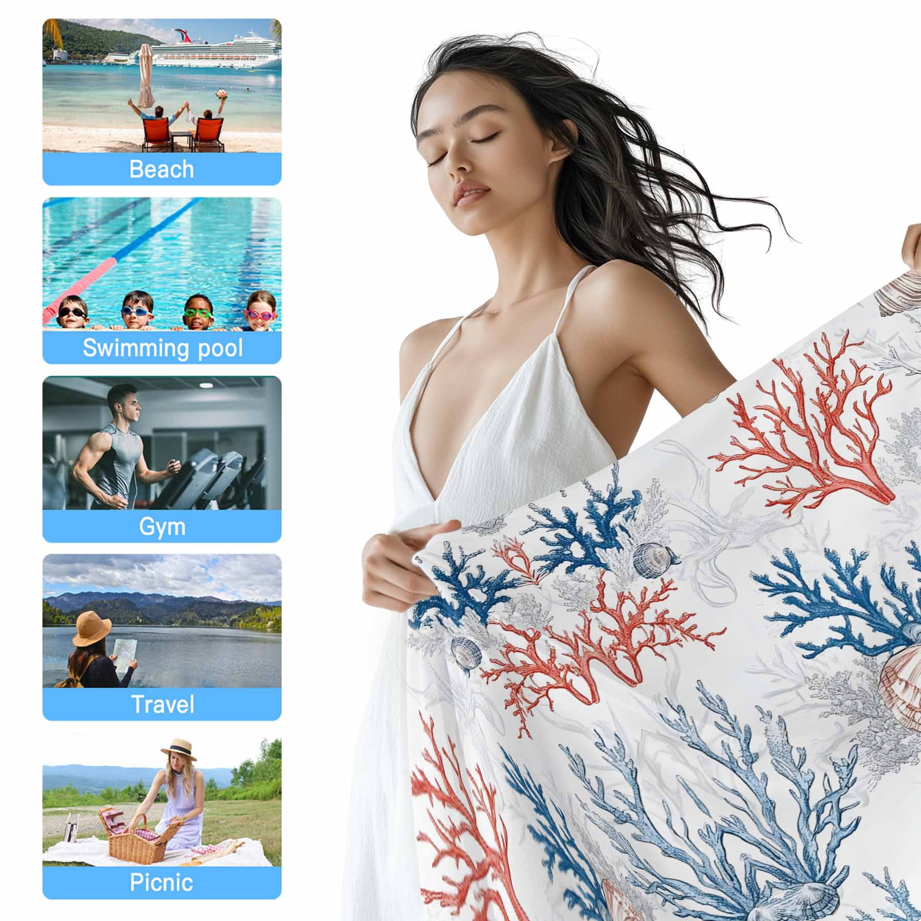 Coastal Nautical Beach Towels Blanket Soft&Absorbent Quick Dry Microfiber Ocean Coral Shell Pattern Pool Towels for Swimming ,Yoga, Sports, Gym, Camping,Large 35X70in, Blue Aqua