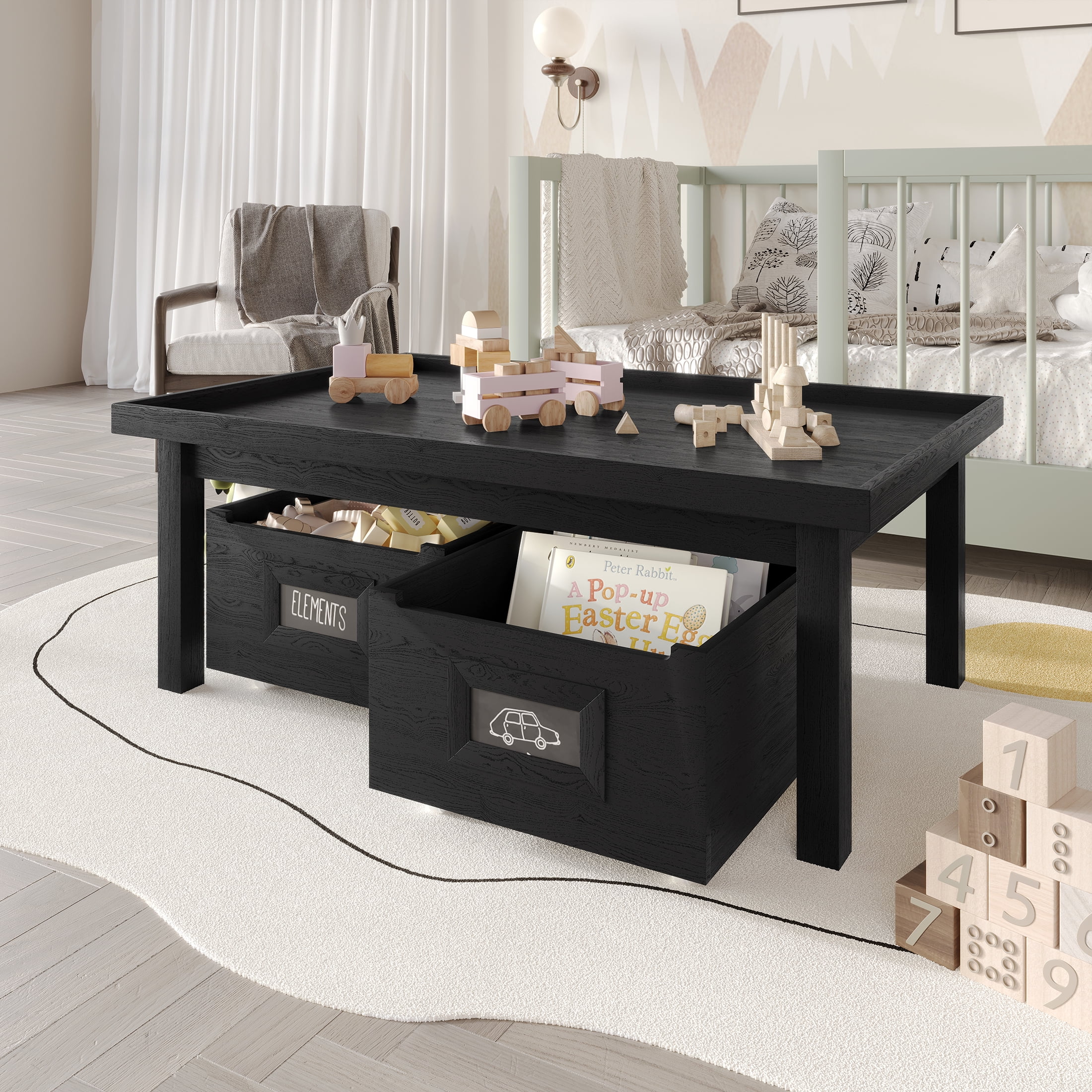 Castle Place Contemporary Kids Table with Drawers, Black