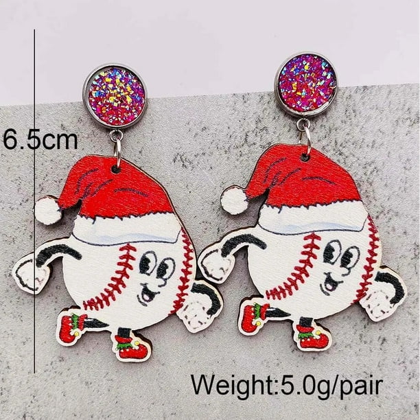 Bonitos dientes, sombrero de Navidad, pendientes de madera, coche rojo, béisbol, Rugby, sombrero de Navidad, Papá Noel, pendientes de caramelo de arcoíris, regalo de joyería