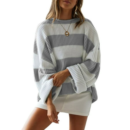 Women Winter Long Sleeve Baggy Oversized Chunky Knit Jumper Pullover Top Sweater Sweatshirt Ladies Patchwork Striped Knitwear Loose Casual Top Blouse Shirt For